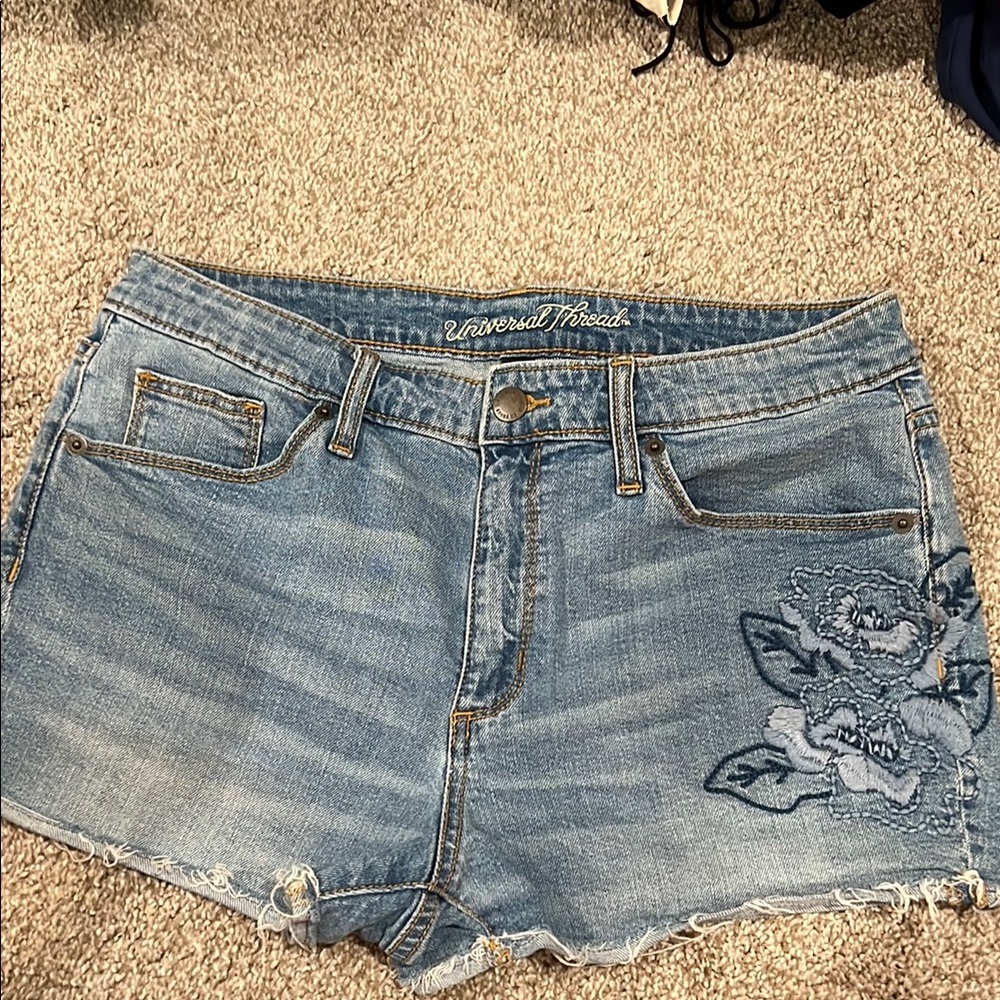 Universal Thread Light Blue Denim Shorts with Floral Design
